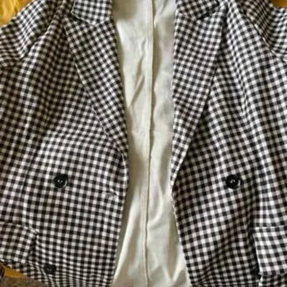 BLACK GINGHAM PRINT BLAZER CHIC CLASSY BUSINESS CASUAL STREETWEAR - Picture 9 of 12